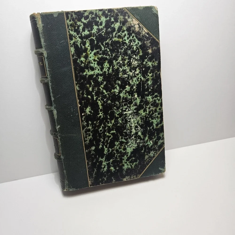 Antique 1872 Goethe Book Vol II Leather‎ Bound Marbled Cover Dark Academia Decor